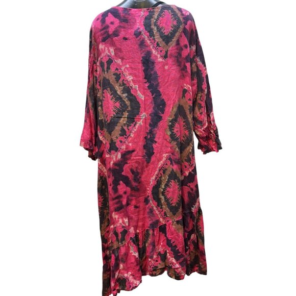 Made In Italy Linen Bohemian Midi Dress Pink Purple Brown L - Picture 2 of 6